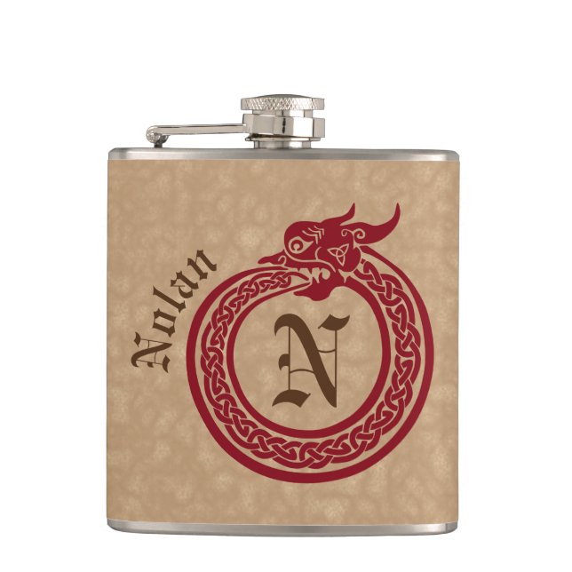Custom Name and Monogram Celtic Style Ouroboros Hip Flask (Front)