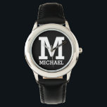 Custom Name and Monogrammed Bold Text KIds Black Watch<br><div class="desc">Custom Name and Monogrammed Bold Text Kids Black and Silver Watch.</div>