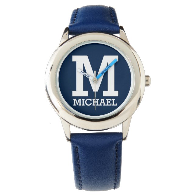 Custom Name and Monogrammed Bold Typography Blue Watch (Front)