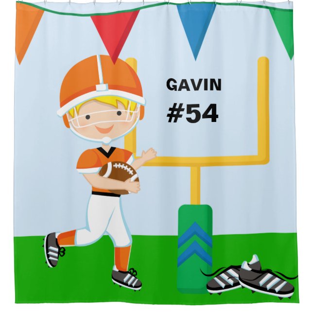 Custom Name and Number Orange Football Player Shower Curtain (Front)