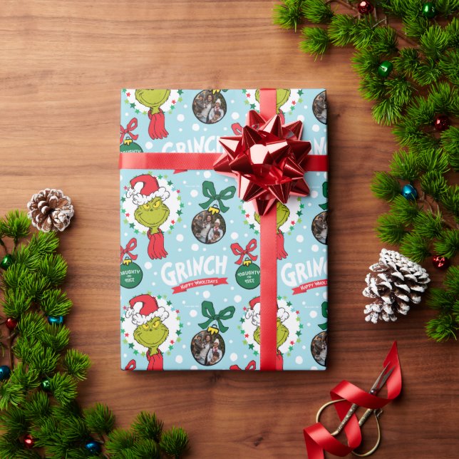 Custom Name and Photo - The Grinch with Ornaments Wrapping Paper (Holiday Gift)