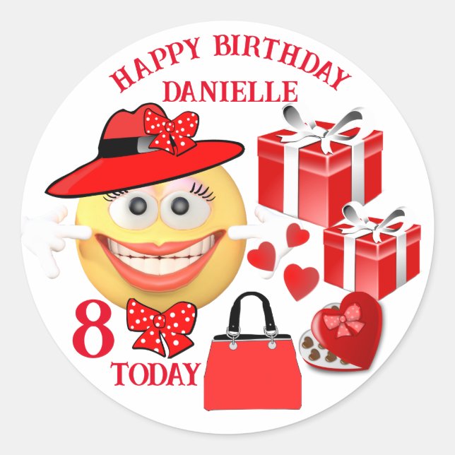 Custom Name and Smiling Emoji with gifts Birthday Classic Round Sticker (Front)