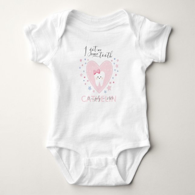 Custom name and teething date Baby Girl Outfit Bodysuit (Front)