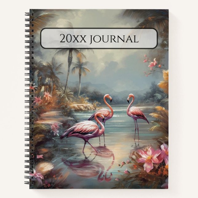 Custom Name Antique Flamingo Tropical Lagoon Notebook (Front)