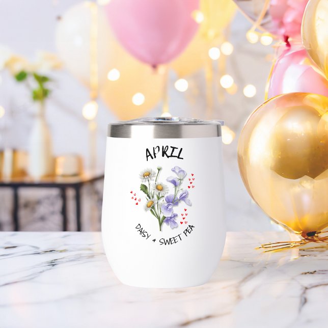 Custom Name APRIL Birth Month Flower Christian (Pretty APRIL birth month flower design on thermal wine tumbler with customizable name & Bible verse.)