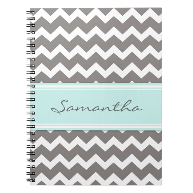 Custom Name Aqua Grey Chevron Notebook (Front)