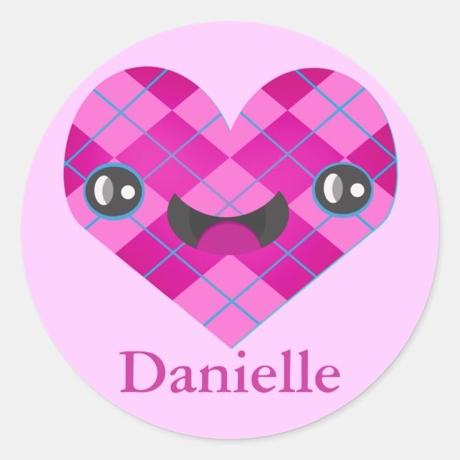 Custom Name Argyle Kawaii Heart Sticker (Front)
