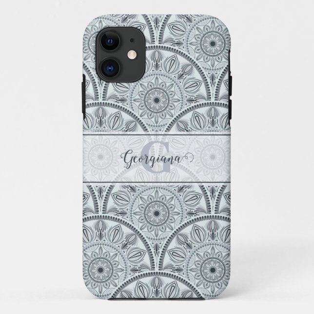 Custom Name Art Deco Floral Harmony Grey Mandala Case-Mate iPhone Case (Back)