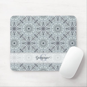 Custom Name Art Deco Floral Harmony Grey Mandala Mouse Pad