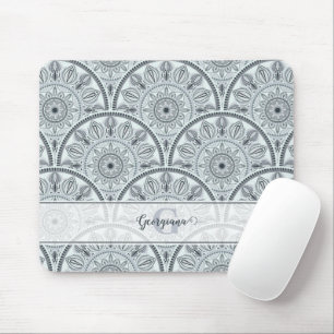 Custom Name Art Deco Floral Harmony Grey Mandala Mouse Pad