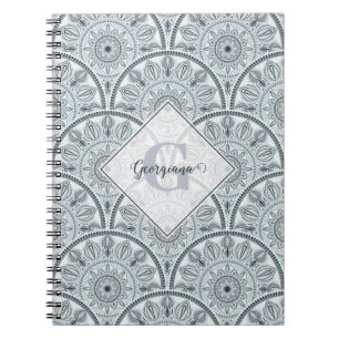 Custom Name Art Deco Floral Harmony Grey Mandala Notebook