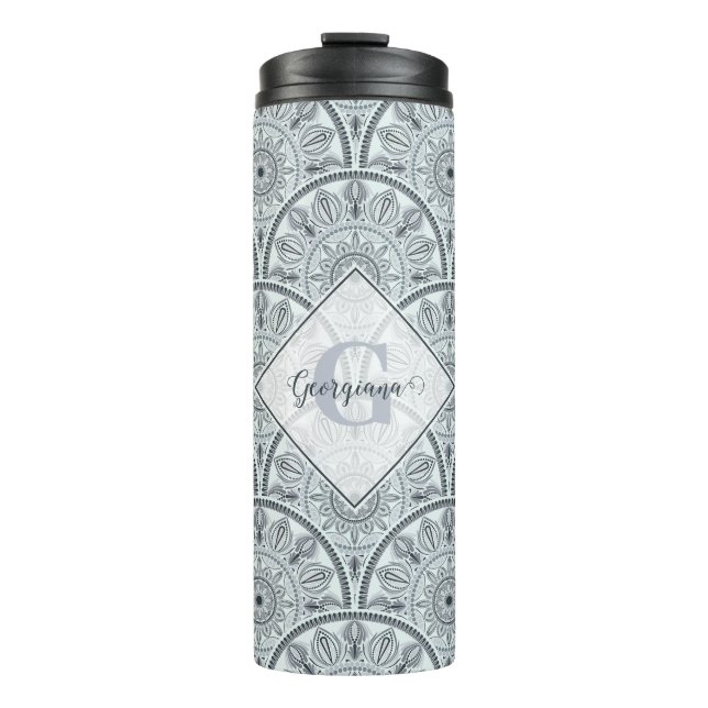 Custom Name Art Deco Floral Harmony Grey Mandala Thermal Tumbler (Front)
