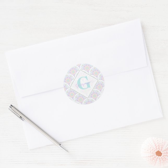 Custom Name Art Deco Pastel Rainbow Floral Mandala Classic Round Sticker (Envelope)