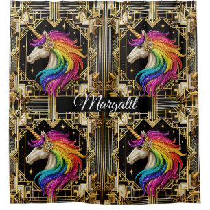 Custom Name Art Deco Rainbow Faux Glitter Unicorn Shower Curtain