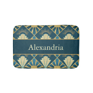 Custom Name Art Deco Teal & Gold Luxe Bath Mat