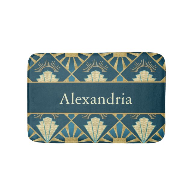 Custom Name Art Deco Teal & Gold Luxe Bath Mat (Front)
