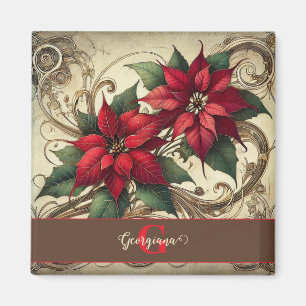 Custom Name Art Nouveau Christmas Poinsettia Magnet
