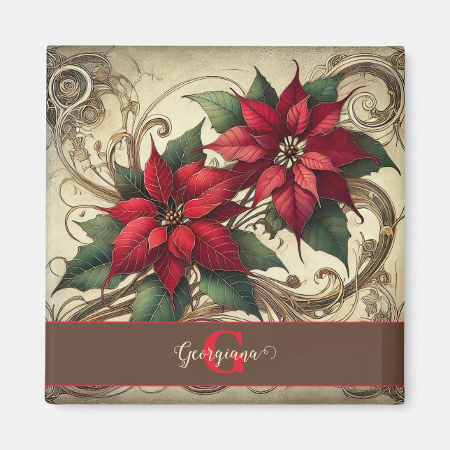 Custom Name Art Nouveau Christmas Poinsettia Magnet (Front)
