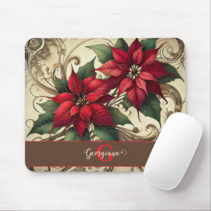 Custom Name Art Nouveau Christmas Poinsettia Mouse Pad