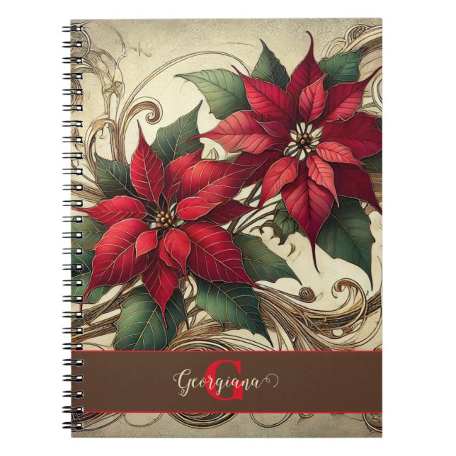 Custom Name Art Nouveau Christmas Poinsettia Notebook (Front)