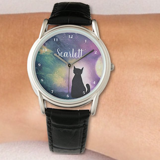 Custom Name Artistic Cute Cat Moon and Galaxy Watch (Creator Uploaded)
