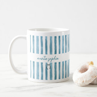 Custom Name Auntie, Watercolor Blue Stripe Coffee Mug