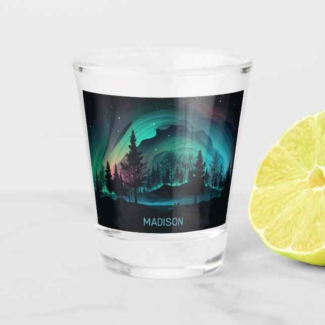 Custom Name Aurora Borealis Illustration Shot Glass (Front)