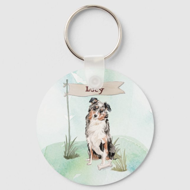 Custom Name Australian Shepherd Pet Dog Key Ring (Front)