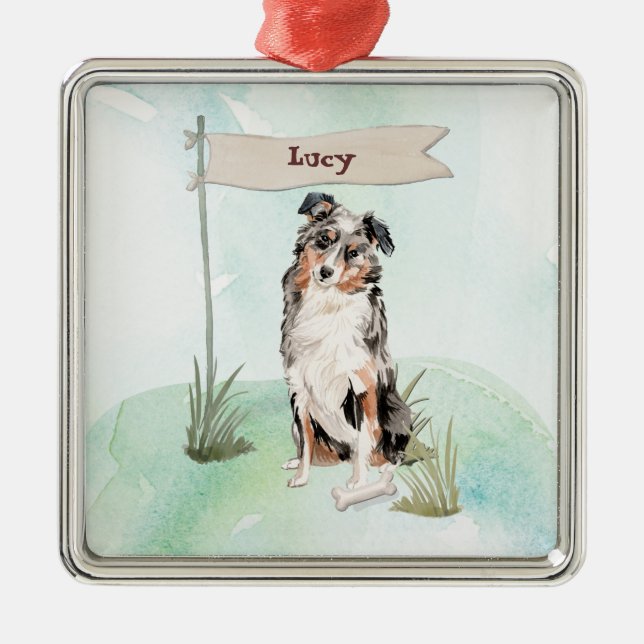 Custom Name Australian Shepherd Pet Dog Metal Tree Decoration (Front)