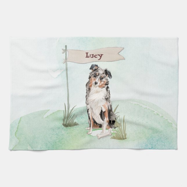 Custom Name Australian Shepherd Pet Dog Tea Towel (Horizontal)