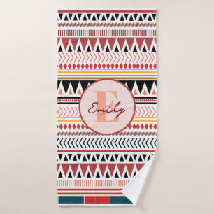 Custom Name Aztec Elegance Warm Red Ethnic Pattern Bath Towel