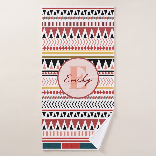 Custom Name Aztec Elegance Warm Red Ethnic Pattern Bath Towel (Bath Towel)