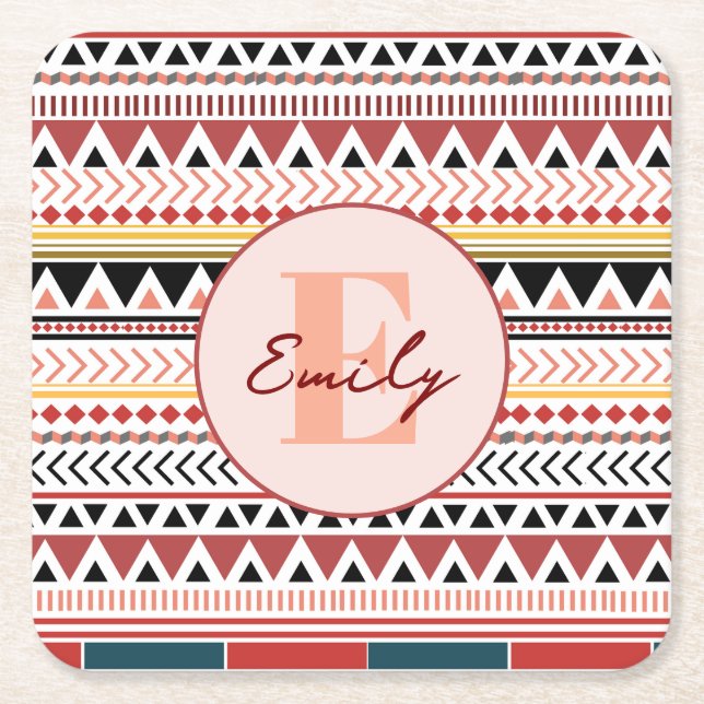 Custom Name Aztec Elegance Warm Red Ethnic Pattern Square Paper Coaster (Front)
