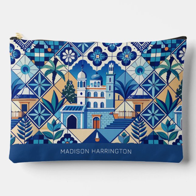 Custom Name Azulejo Tiles Pattern Accessory Pouch (Front)