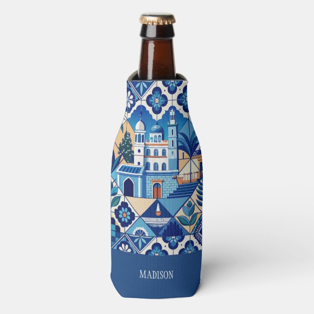 Custom Name Azulejo Tiles Pattern Bottle Cooler (Bottle Front)