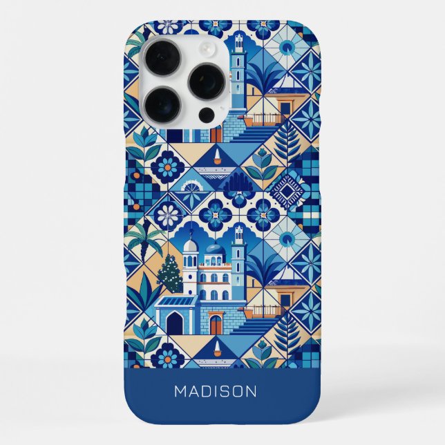 Custom Name Azulejo Tiles Pattern iPhone Case (Back)
