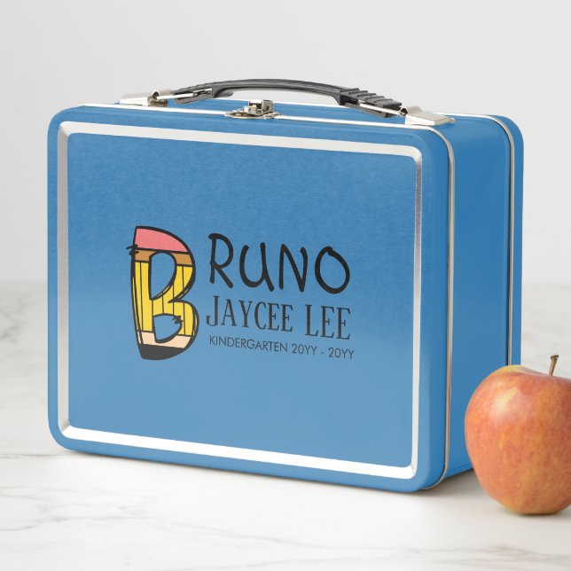 Custom Name B Pencil Design Blue Metal Lunchbox (In Situ)