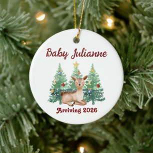 Custom Name Baby Announcement Deer Christmas Ceramic Tree Decoration