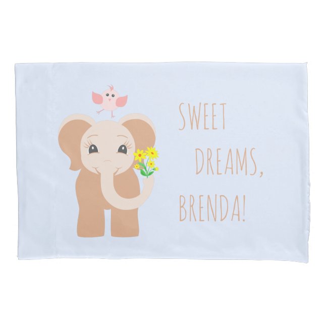 Custom Name Baby Elephant & Bird Single Pillowcase (Front)