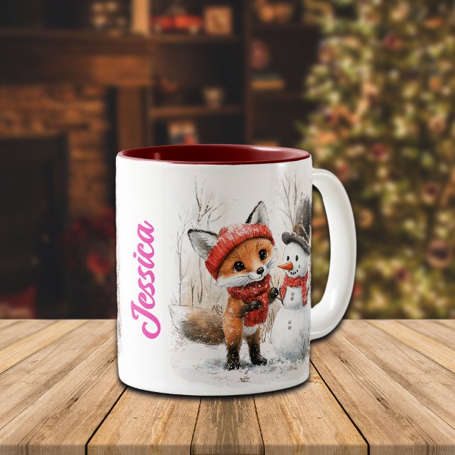 Custom Name Baby Fox and Snowman Two-Tone Coffee Mug (Creator Uploaded)