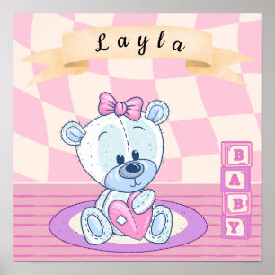 Custom Name Baby Girl Teddy Nursery Poster