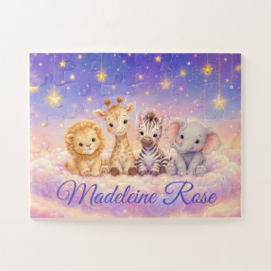 Custom Name Baby Lion Giraffe Zebra and Elephant  Jigsaw Puzzle