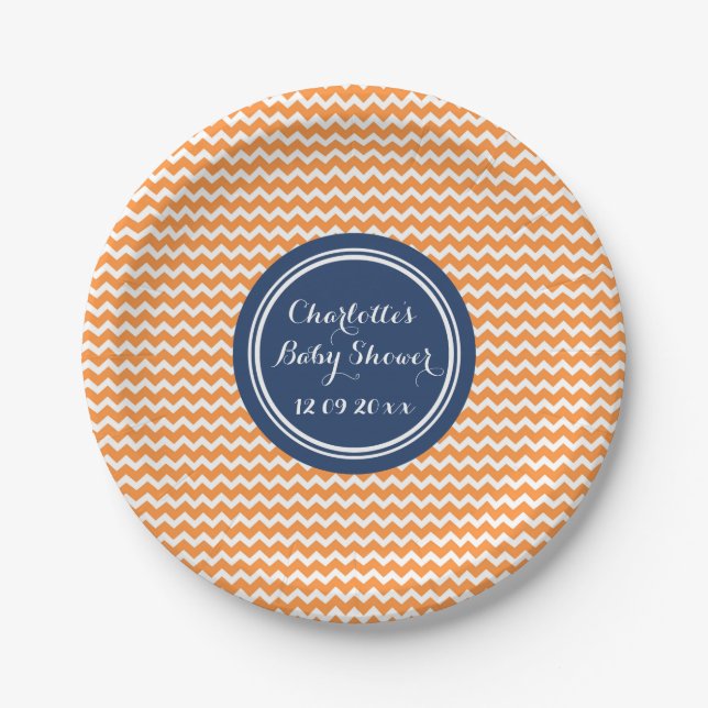 Custom Name Baby Shower Plates Orange Blue Chevron (Front)