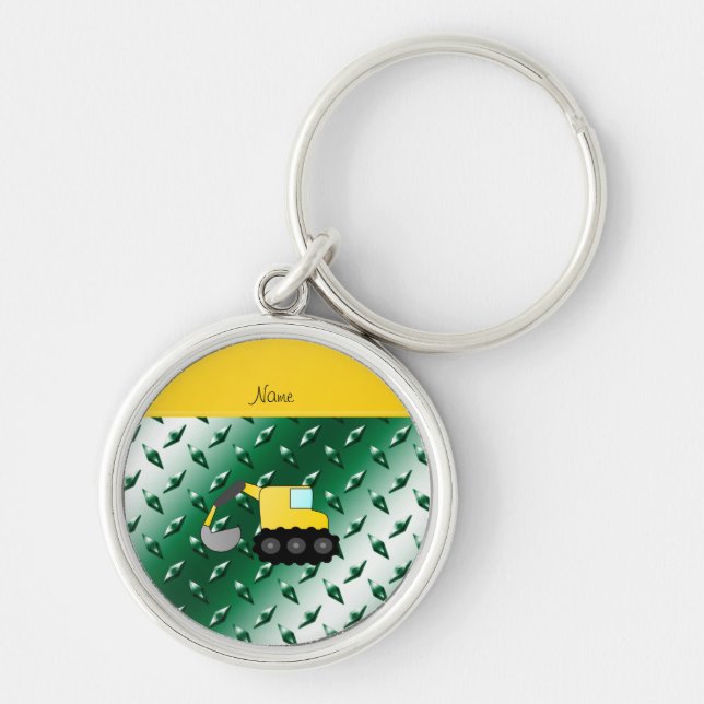 Custom name backhoe green diamond steel plate key ring (Front)