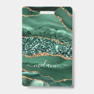 Custom Name Badge Agate Green Gold Glitter Marble ID Badge