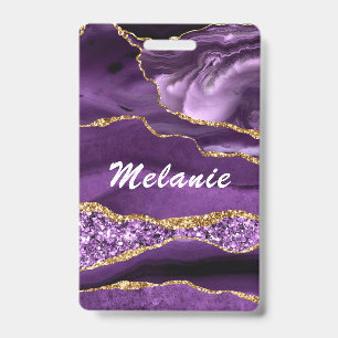 Custom Name Badge Agate Purple Violet Gold Glitter ID Badge