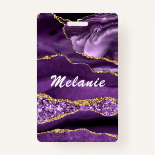 Custom Name Badge Agate Purple Violet Gold Glitter ID Badge