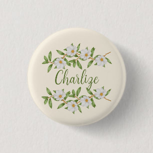 Custom Name Badge Pin White Flowers Natural Girls