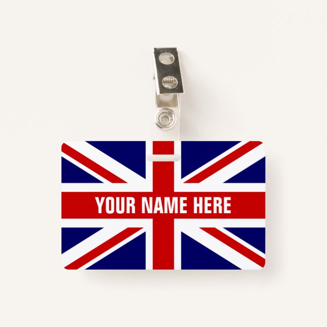 Custom name badge with British Union Jack flag ID Badge (Front with Clip)