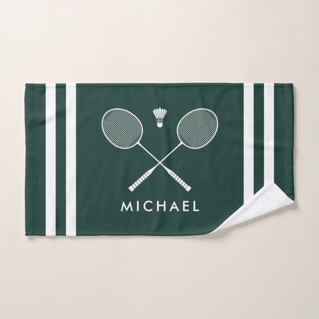 Custom Name Badminton Dark Green Stripes Hand Towel (Hand Towel)